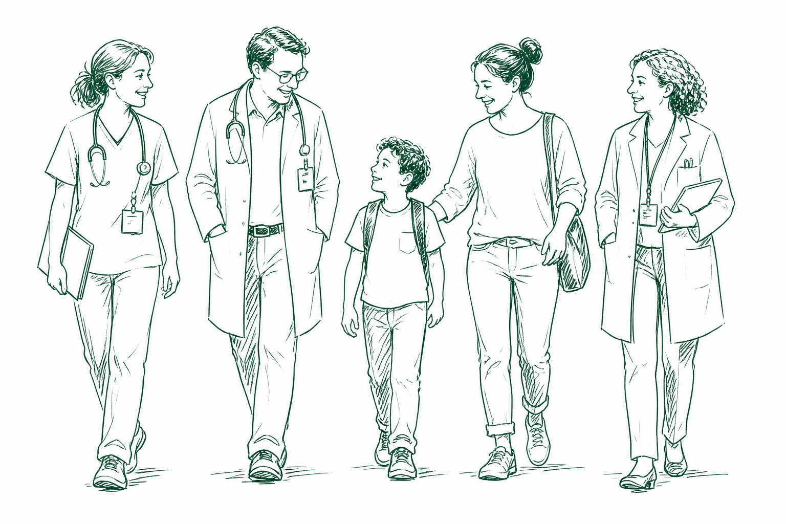 A child walking together with parents and clinicians